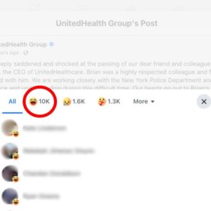 Screenshot showing the laughing emojis on a Facebook post by UnitedHealth about the death Brian Thompson.
