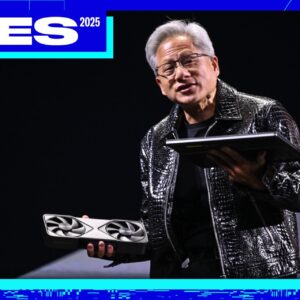 Nvidia Ceo Jensen Huang holding up a Rtx 50 Series Gpu and a 50-series powered laptop.