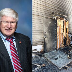 Rep. Glenn Grothman (left) and a local congressional office in Fond Du Lac, Wisconsin where an arsonist allegedly set fire because he was upset about the TikTok ban.