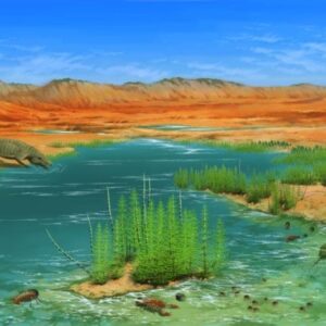 Rekonstruksi seni paleo dari sebuah adegan dari akhir Triasik Awal