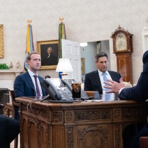 Jared Kushner, Facebook CEO Mark Zuckerberg, Joel Kaplan, and President Donald Trump meet in the Oval Office.