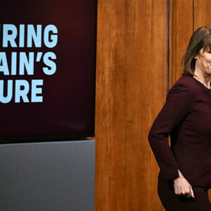 Britain's Chancellor of the Exchequer Rachel Reeves arrives to host a press conference, in London