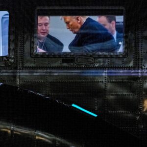 U.S. billionaire Elon Musk with President Donald Trump on Marine One after landing on the South Lawn of the White House in Washington, DC, on March 9, 2025.