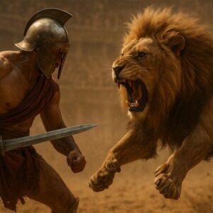 Konsep Lion Fighting Gladiator Romawi