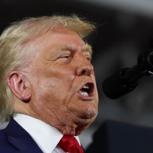 President Donald Trump speaks during a rally at Macomb Community College on April 29, 2025 at Warren, Michigan.