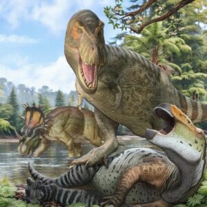 Adegan yang diciptakan kembali dari Tyrannosaurus Rex berburu di Hutan Amerika Utara Akhir Cretaceous