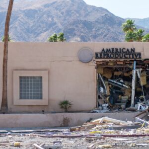 Debris is seen outside a damaged American Reproductive Centers fertility clinic after a bomb blast outside the building in Palm Springs, California, on May 17, 2025.