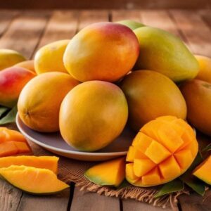 Mangga dengan irisan di atas meja