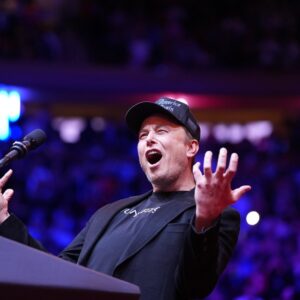 Elon Musk on stage before Republican presidential nominee former President Donald Trump speaks at a rally at Madison Square Garden in New York, NY on Sunday, October 27, 2024.