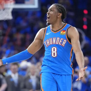 Jun 22, 2025; Oklahoma City, Oklahoma, USA; Oklahoma City Thunder forward Jalen Williams (8) reacts after a play against the Indiana Pacers during the second half of game seven of the 2025 NBA Finals at Paycom Center. Mandatory Credit: Kyle Terada-Imagn Images